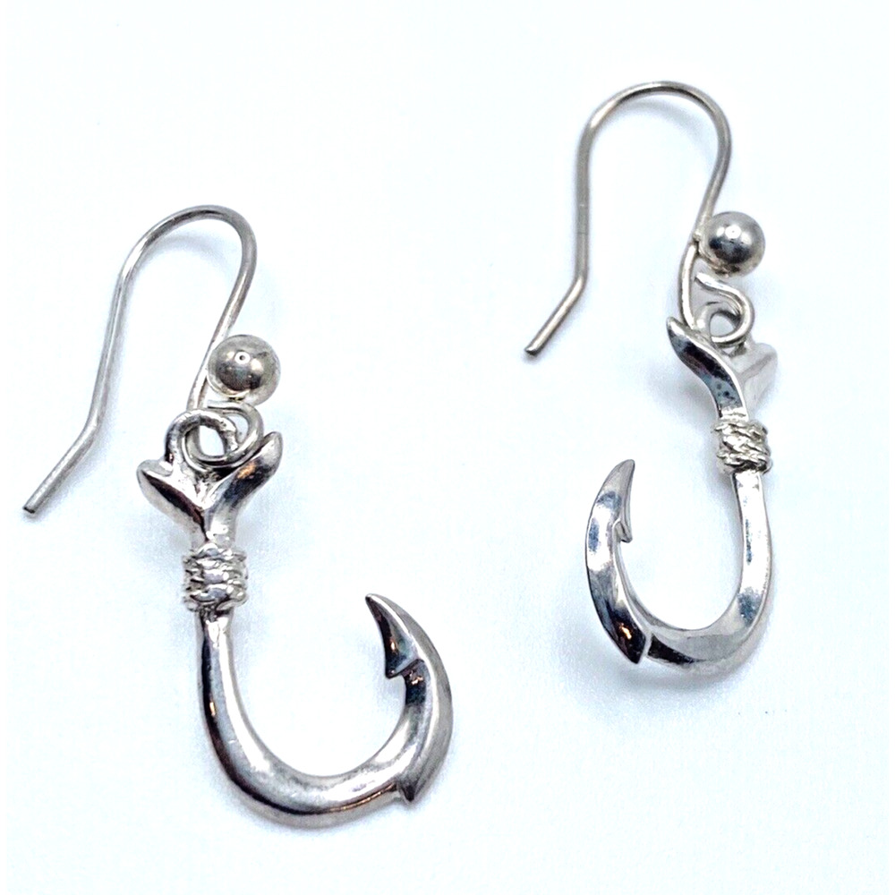Hawaiian Fish Hook Pendant Necklace Earring Set Rhodium Etched Aloha Beach Surf - Picture 4 of 9